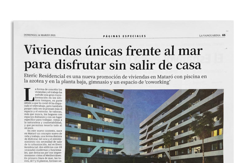 "Viviendas únicas frente al mar sin salir de casa." Nuestro proyecto de vivienda Eteric Residencial ha sido mencionado en la Vanguardia.