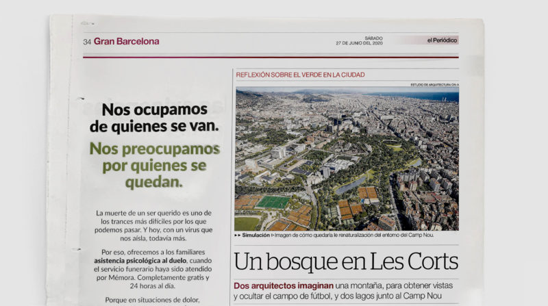 El Periodico de Catalunya echoes the Nou Parc project, a green alternative proposal to the Nou Camp project. A mountain-stadium covered with forest and nature.