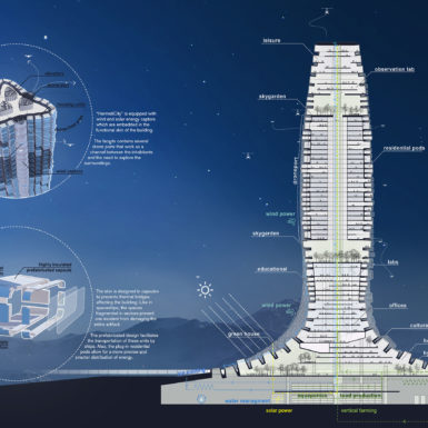 Hermetic City es un estudio experimental para colonizar ambientes extremos con una huella reducida. La propuesta prevé un nuevo tipo de hábitat que pueda satisfacer las necesidades básicas para que la vida humana tenga lugar en entornos hostiles.