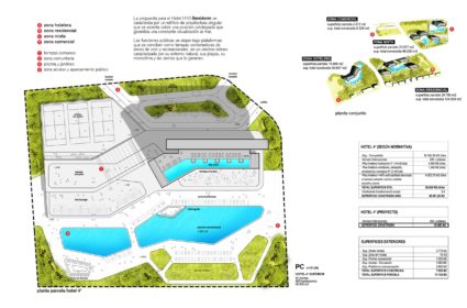 Localizado en un solar privilegiado próximo a la playa de Benidorm, se desarrolla la propuesta de un gran complejo de Spa and Hotel de cinco estrellas a través de una arquitectura singular que se asienta sobre una sierra que disfruta de grandes panorámicas al mar y a la ciudad. Sobre un gran pódium se disponen las actividades recreacionales y de ocio a través de múltiples terrazas que se vinculan a las piscinas, restaurante, el spa-balneario y la zona de eventos, lo que garantiza que estas zonas y las habitaciones en las plantas superiores cuenten en su totalidad con vistas excepcionales y de una excelente orientación. De esta manera, se concentran los espacios comunes en las plantas inferiores para dar lugar a la torre de 40 plantas que alberga las 450 habitaciones y que se corona con un sky-bar en la última planta. Ésta se abre a una infinity pool con una gran terraza con tumbonas, con las mejores vistas del complejo, que está pensado para funcionar todo el año gracias a la zona de eventos y congresos y el SPA con su zona de aguas. Todas las habitaciones tienen vista hacia el mar y se accede a través de un pasillo de servicio situado en la parte trasera. En el interior se han utilizado materiales como la madera en tonos claros para buscar calidez y luminosidad.