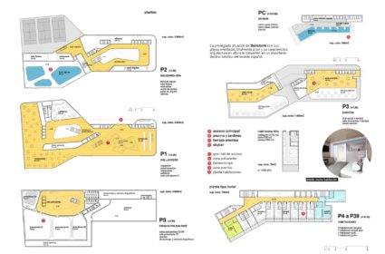 Localizado en un solar privilegiado próximo a la playa de Benidorm, se desarrolla la propuesta de un gran complejo de Spa and Hotel de cinco estrellas a través de una arquitectura singular que se asienta sobre una sierra que disfruta de grandes panorámicas al mar y a la ciudad. Sobre un gran pódium se disponen las actividades recreacionales y de ocio a través de múltiples terrazas que se vinculan a las piscinas, restaurante, el spa-balneario y la zona de eventos, lo que garantiza que estas zonas y las habitaciones en las plantas superiores cuenten en su totalidad con vistas excepcionales y de una excelente orientación. De esta manera, se concentran los espacios comunes en las plantas inferiores para dar lugar a la torre de 40 plantas que alberga las 450 habitaciones y que se corona con un sky-bar en la última planta. Ésta se abre a una infinity pool con una gran terraza con tumbonas, con las mejores vistas del complejo, que está pensado para funcionar todo el año gracias a la zona de eventos y congresos y el SPA con su zona de aguas. Todas las habitaciones tienen vista hacia el mar y se accede a través de un pasillo de servicio situado en la parte trasera. En el interior se han utilizado materiales como la madera en tonos claros para buscar calidez y luminosidad.