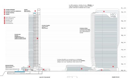 Localizado en un solar privilegiado próximo a la playa de Benidorm, se desarrolla la propuesta de un gran complejo de Spa and Hotel de cinco estrellas a través de una arquitectura singular que se asienta sobre una sierra que disfruta de grandes panorámicas al mar y a la ciudad. Sobre un gran pódium se disponen las actividades recreacionales y de ocio a través de múltiples terrazas que se vinculan a las piscinas, restaurante, el spa-balneario y la zona de eventos, lo que garantiza que estas zonas y las habitaciones en las plantas superiores cuenten en su totalidad con vistas excepcionales y de una excelente orientación. De esta manera, se concentran los espacios comunes en las plantas inferiores para dar lugar a la torre de 40 plantas que alberga las 450 habitaciones y que se corona con un sky-bar en la última planta. Ésta se abre a una infinity pool con una gran terraza con tumbonas, con las mejores vistas del complejo, que está pensado para funcionar todo el año gracias a la zona de eventos y congresos y el SPA con su zona de aguas. Todas las habitaciones tienen vista hacia el mar y se accede a través de un pasillo de servicio situado en la parte trasera. En el interior se han utilizado materiales como la madera en tonos claros para buscar calidez y luminosidad.