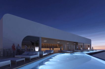 Localizado en un solar privilegiado próximo a la playa de Benidorm, se desarrolla la propuesta de un gran complejo de Spa and Hotel de cinco estrellas a través de una arquitectura singular que se asienta sobre una sierra que disfruta de grandes panorámicas al mar y a la ciudad. Sobre un gran pódium se disponen las actividades recreacionales y de ocio a través de múltiples terrazas que se vinculan a las piscinas, restaurante, el spa-balneario y la zona de eventos, lo que garantiza que estas zonas y las habitaciones en las plantas superiores cuenten en su totalidad con vistas excepcionales y de una excelente orientación. De esta manera, se concentran los espacios comunes en las plantas inferiores para dar lugar a la torre de 40 plantas que alberga las 450 habitaciones y que se corona con un sky-bar en la última planta. Ésta se abre a una infinity pool con una gran terraza con tumbonas, con las mejores vistas del complejo, que está pensado para funcionar todo el año gracias a la zona de eventos y congresos y el SPA con su zona de aguas. Todas las habitaciones tienen vista hacia el mar y se accede a través de un pasillo de servicio situado en la parte trasera. En el interior se han utilizado materiales como la madera en tonos claros para buscar calidez y luminosidad.