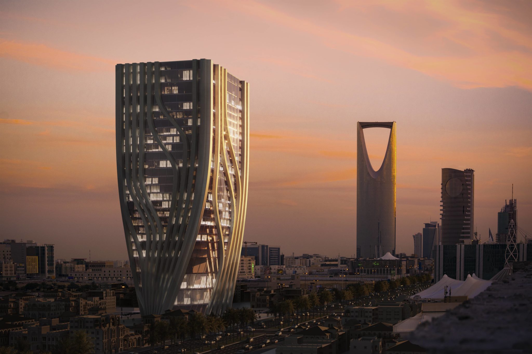 Sobre una de las principales arterias de la ciudad de Riyadh, se ubica la torre que albergar las oficinas de la National Water Company. Con una altura de 160m, el programa se estructura en la planta baja con un lobby, seguido por tres plantas mezzanine, 20 plantas de oficinas con zonas de coworking, salas de reuniones, y las dos últimas plantas de uso exclusivo a directivos de la compañía. Para crear diseños fuera de lo común, debemos imaginar lo imposible y hacerlo realidad. Gracias a la incorporación de la tecnología podemos pensar en formas geométricas complejas y convertirlas en elementos parametrizados, obteniendo diseños únicos y especiales. El volumen general de la torre se somete a una torsión para definir su fachada que toma como referencia la corporeidad del agua en movimiento. Su visión nocturna está definida con iluminación artificial sobre los perfiles estructurales.