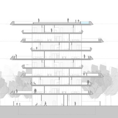 Conjunto de viviendas en una zona de bajo impacto residencial en el que se plantea un sistema lineal de siete torres.