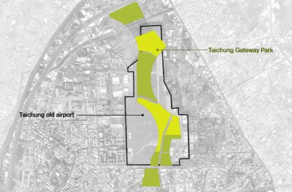 A modo de gran pulmón verde, se plantea una red de equipamientos y zonas verdes bajo un esquema de paseos en el aeropuerto de Taichung.