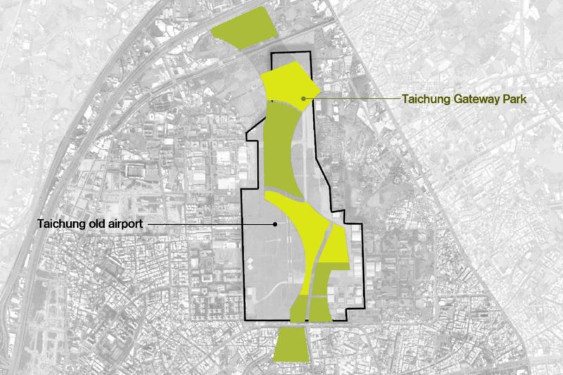 A modo de gran pulmón verde, se plantea una red de equipamientos y zonas verdes bajo un esquema de paseos en el aeropuerto de Taichung.