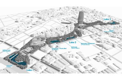 A modo de gran pulmón verde, se plantea una red de equipamientos y zonas verdes bajo un esquema de paseos en el aeropuerto de Taichung.