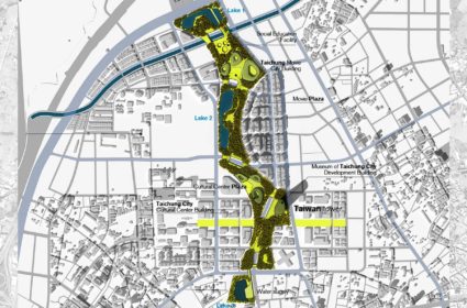 A modo de gran pulmón verde, se plantea una red de equipamientos y zonas verdes bajo un esquema de paseos en el aeropuerto de Taichung.