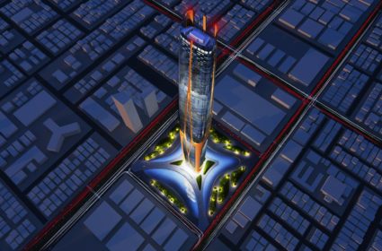 The Blade Tower incorpora mecanismos de energías renovables, siguiendo un sistema modular de paneles diseñados paramétricamente.