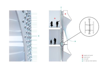 The Blade Tower incorpora mecanismos de energías renovables, siguiendo un sistema modular de paneles diseñados paramétricamente.