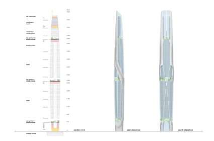 The Blade Tower incorpora mecanismos de energías renovables, siguiendo un sistema modular de paneles diseñados paramétricamente.