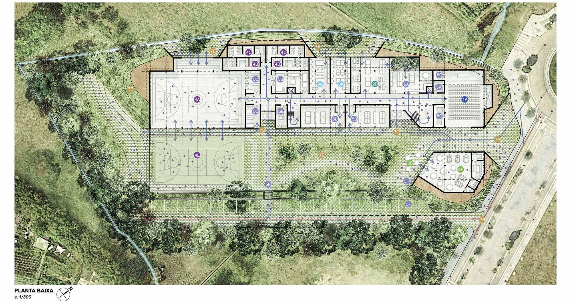 ON-A - Instituto de Educación Física. INEF - This proposal arises from a deep analysis of the location and environment; it is a study of the existing to design the future of the Seu. The project, which is located in the most fertile zone of the Valira River, takes as an architectonic referent the Castellciutat.