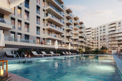 The London building in the Urban Fira residential complex in Barcelona, sustainability is certified by BREEAM and DGNB.