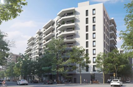 The London building in the Urban Fira residential complex in Barcelona, sustainability is certified by BREEAM and DGNB.