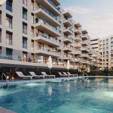 The London building in the Urban Fira residential complex in Barcelona, sustainability is certified by BREEAM and DGNB.
