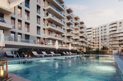 The London building in the Urban Fira residential complex in Barcelona, sustainability is certified by BREEAM and DGNB.
